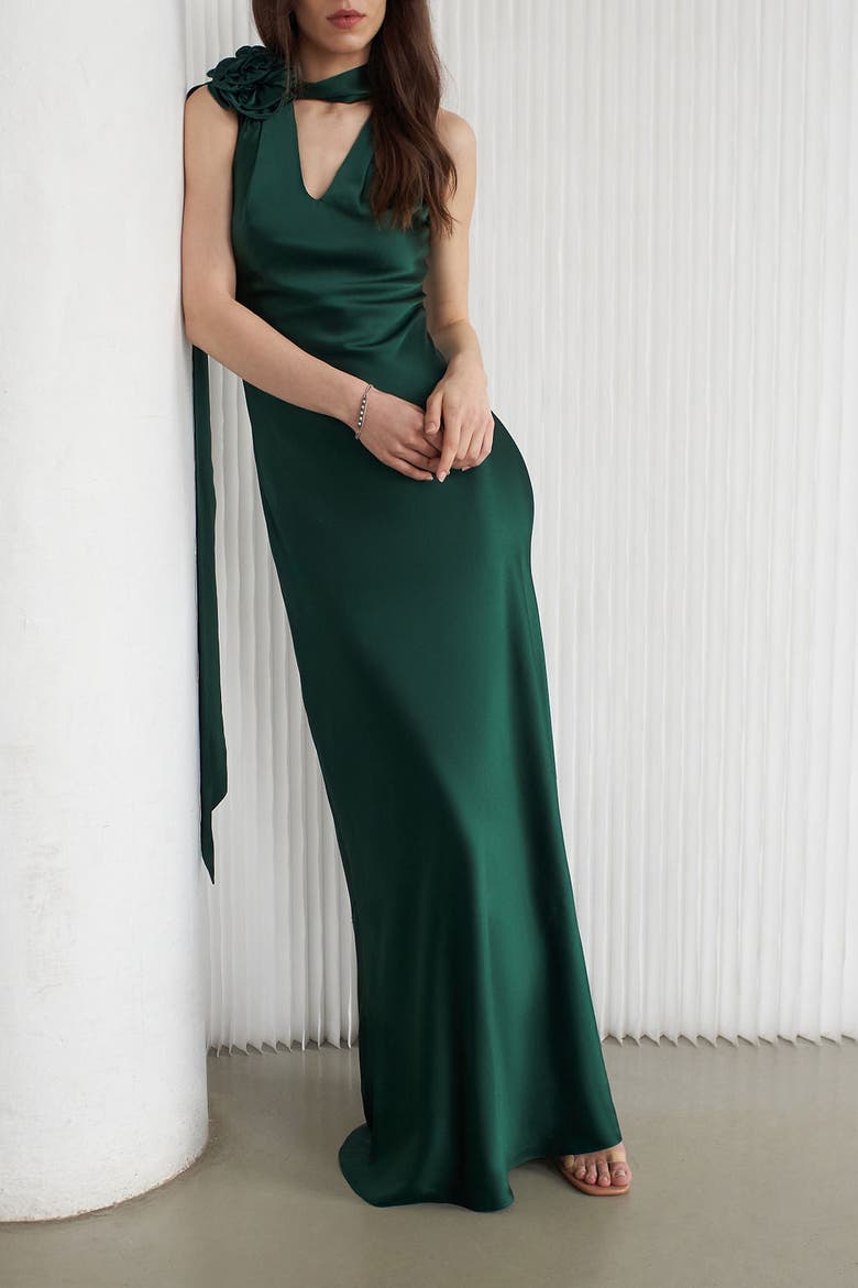 Luna Silky Bias Cut Dress Emerald, Alternate, color, Emerald