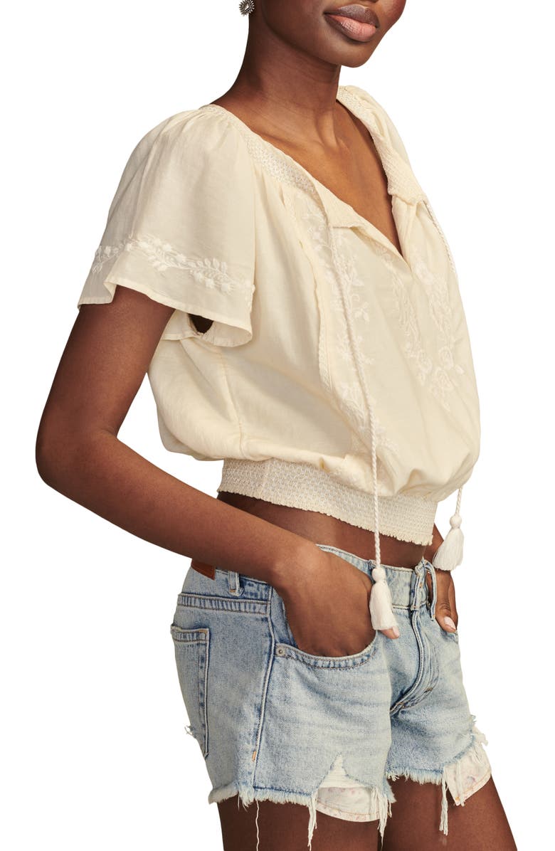 Lucky Brand Embroidered Tie Neck Crop Top, Alternate, color, Luminary G