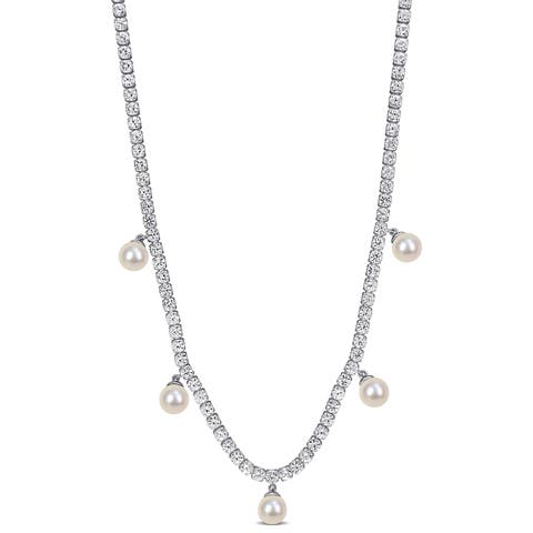 Pearl & Created White Sapphire Charm Necklace