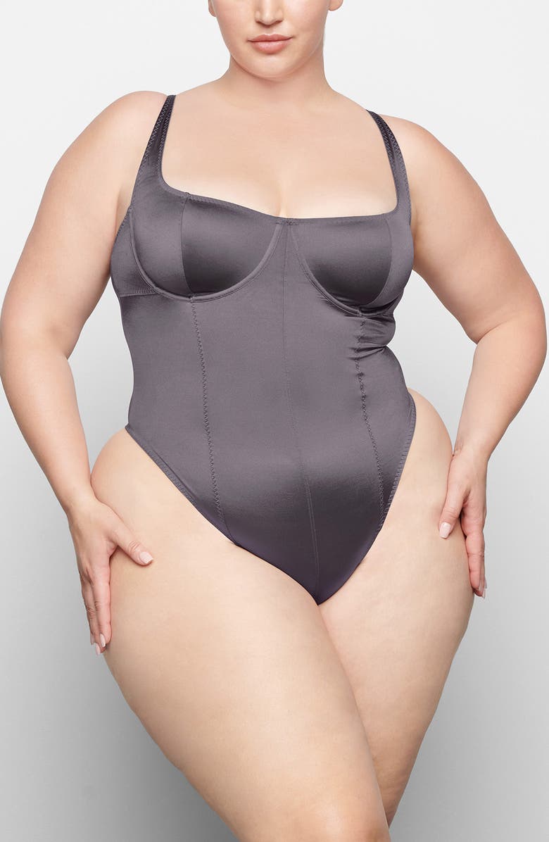 SKIMS Stretch Satin Underwire Thong Bodysuit, Alternate, color, Armor
