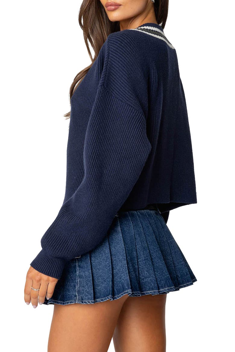Lauryl Stripe Trim V-Neck Sweater, Alternate, color, NAVY