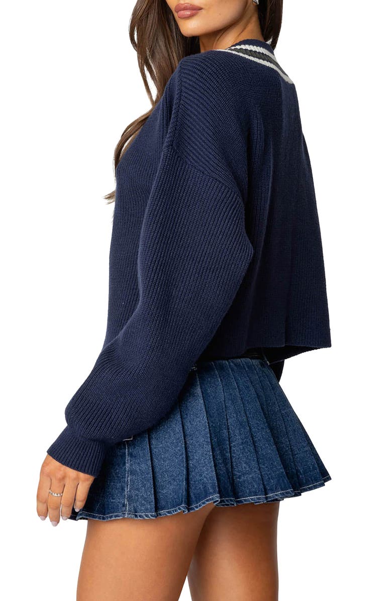 EDIKTED Lauryl Stripe Trim V-Neck Sweater, Alternate, color, Navy