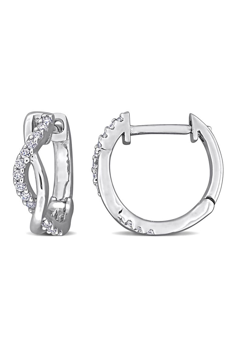 DELMAR Lab-Created Moissanite Twist Huggie Hoop Earrings, Main, color, White/Silver