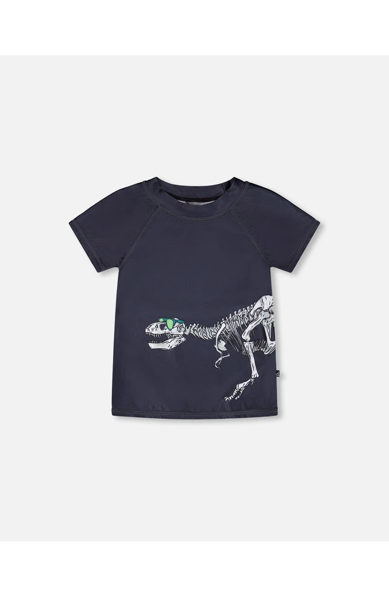 Deux par Deux Short Sleeve Graphic Dinosaur Rashguard, Main, color, Black