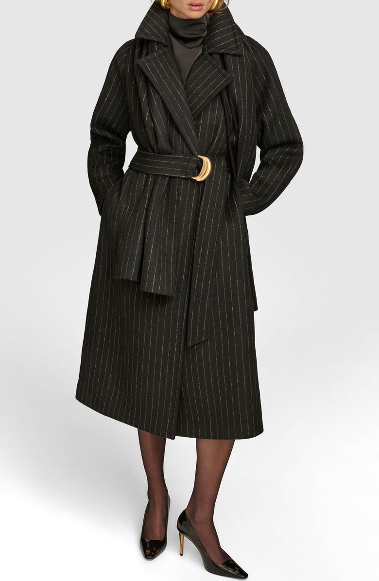 Donna Karan New York Wool Blend Coat with Scarf, Main, color, Black Chalkstripe
