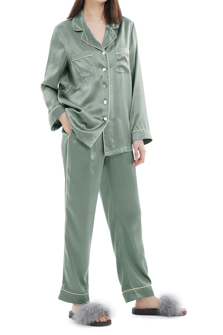 Women's Gold Piping Silk Pajamas Set, Main, color, Avocado Green
