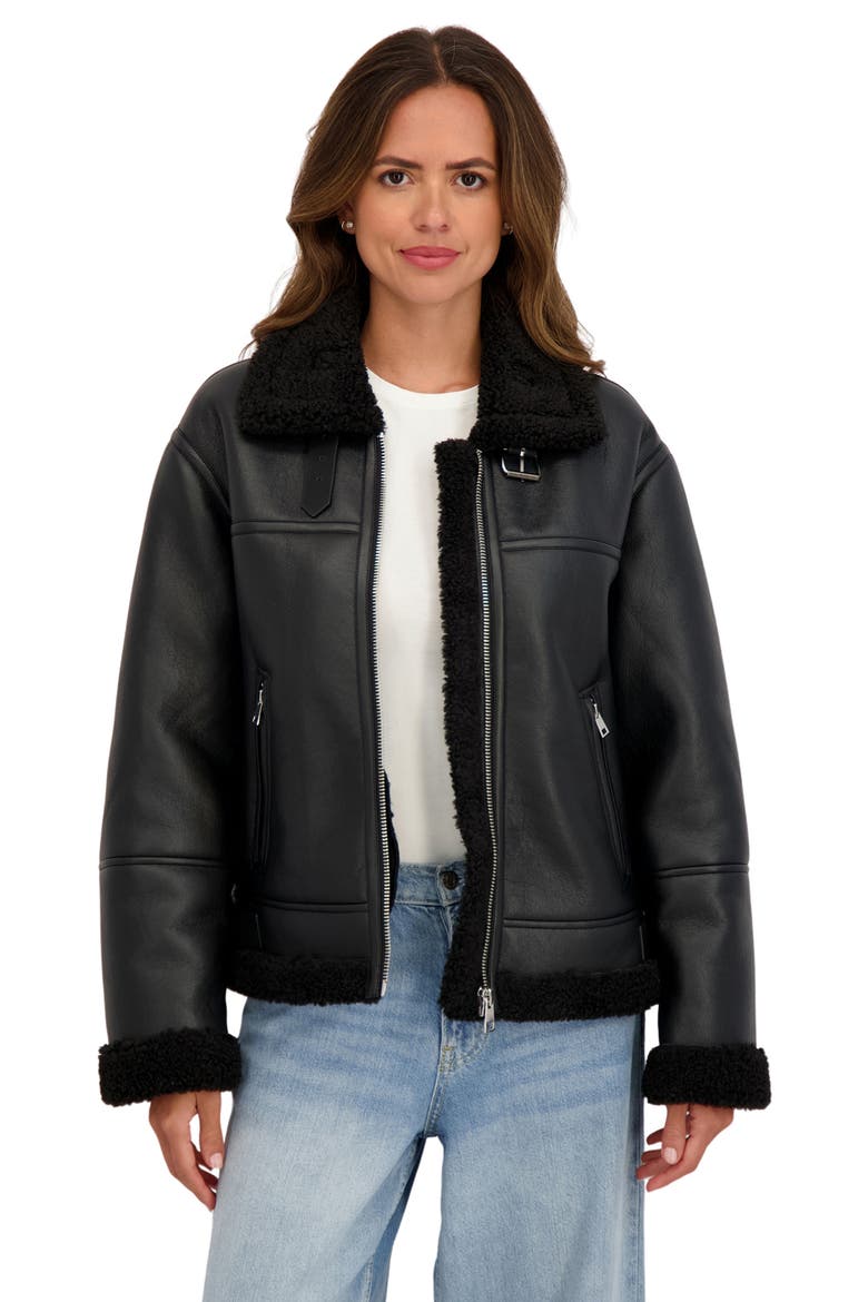 Faux Shearling Collar Aviator Jacket, Alternate, color, BLACK