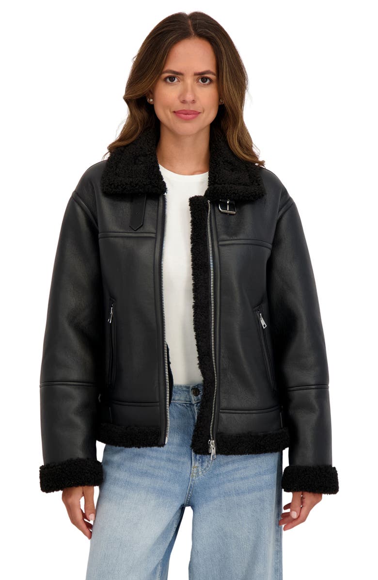 Sebby Faux Shearling Collar Aviator Jacket, Alternate, color, Black