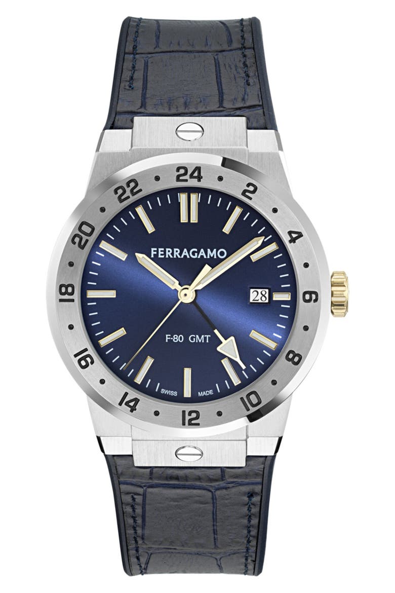 F-80 Classic GMT Leather Strap Watch, 41mm, Main, color, STAINLESS STEEL/ BLUE