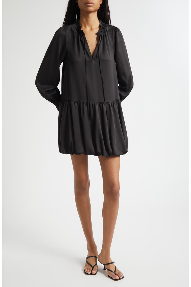 Valetta Bubble Hem Long Sleeve Satin Minidress, Main, color, BLACK
