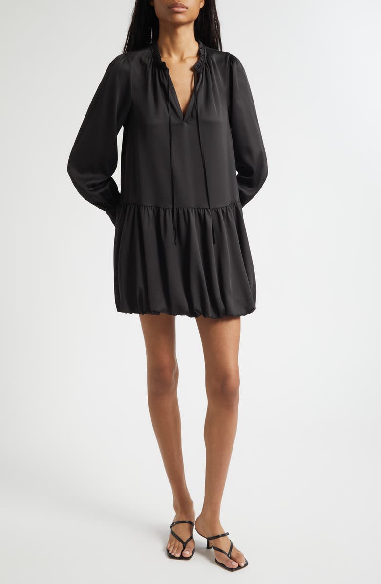 Cinq à Sept Valetta Bubble Hem Long Sleeve Satin Minidress, Main, color, Black