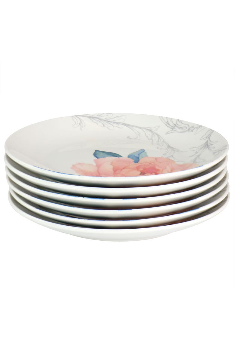 8 Inch Fine Ceramic 6 Piece Floral Decorated Dessert Plate Set, Alternate, color, White