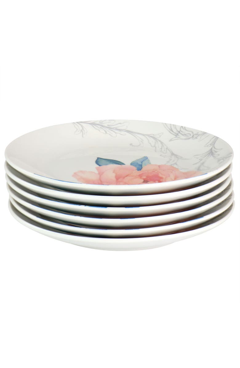 MARTHA STEWART 8 Inch Fine Ceramic 6 Piece Floral Decorated Dessert Plate Set, Alternate, color, White