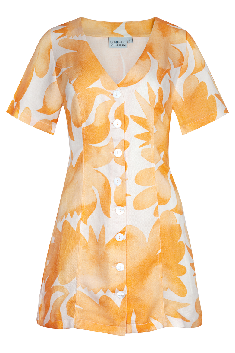Shinoa Short-Sleeve Printed Mini Dress, Main, color, Facula Saffron