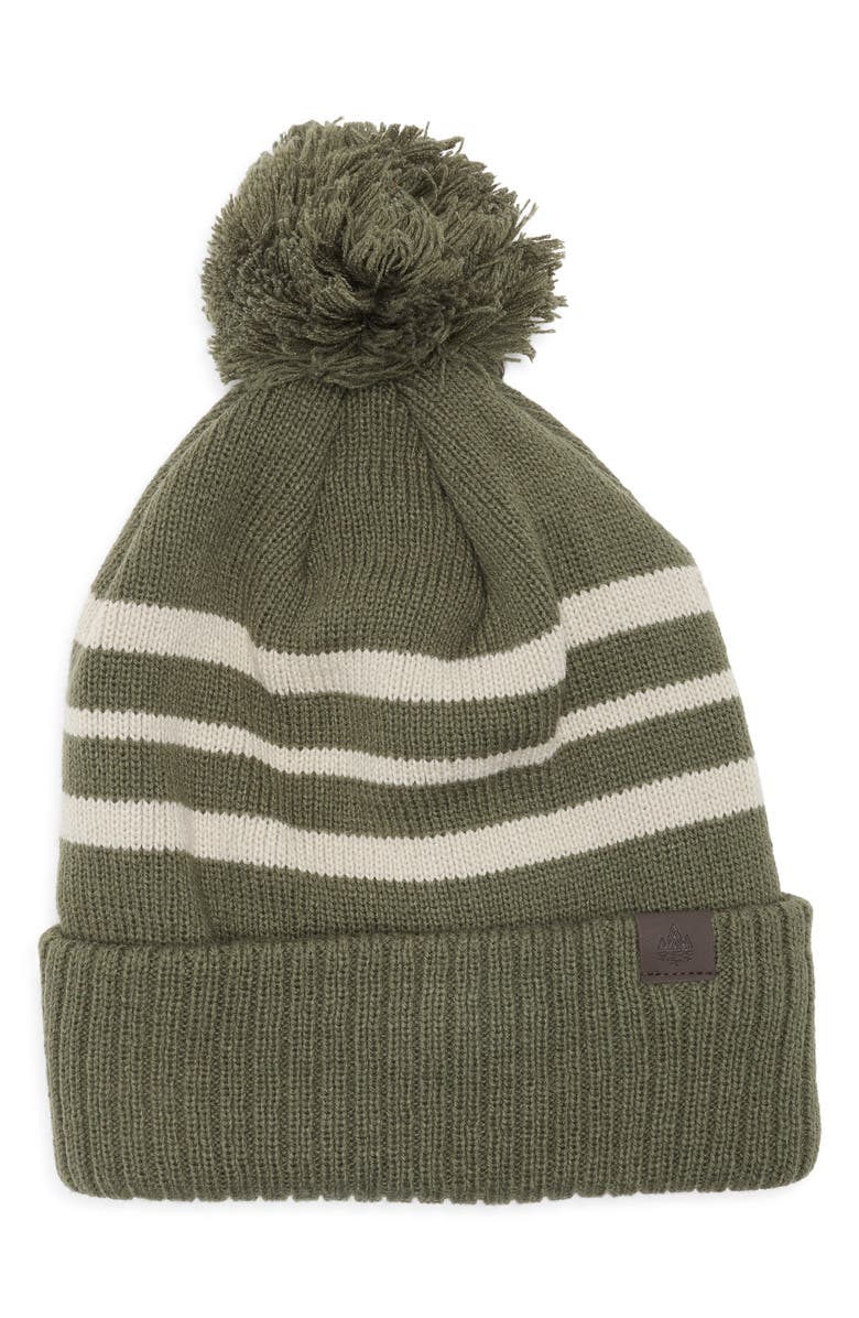 Rainforest Stripe Pom Knit Beanie, Main, color, Olive Green Hthr Combo