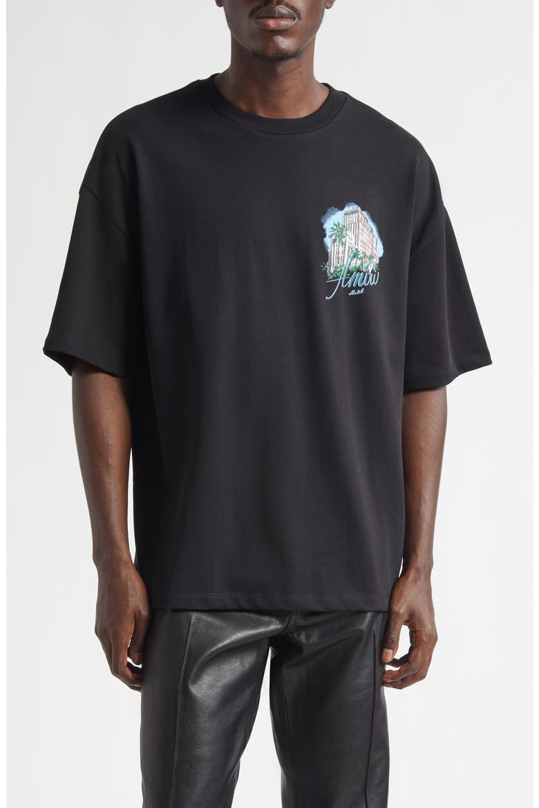 Oversize Amiri Hotel Graphic T-Shirt, Main, color, BLACK