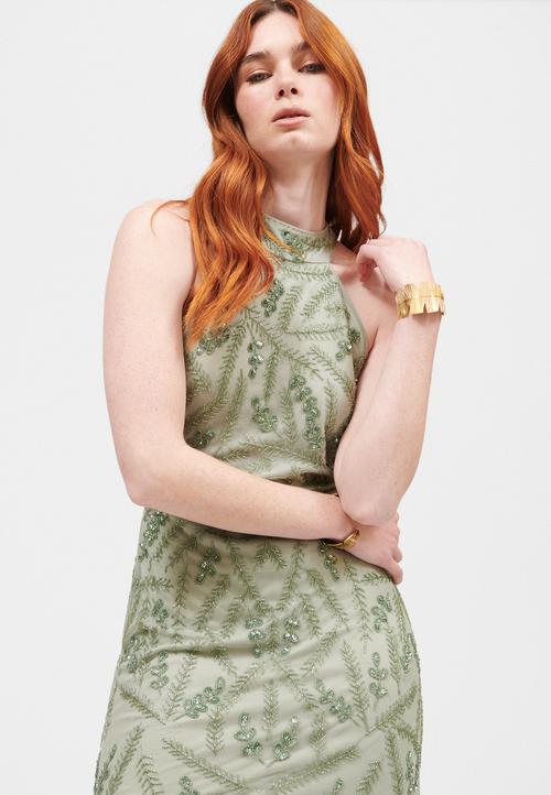 Beauut Embellished Sequin Beaded Halter Neck Gown In Sage Green