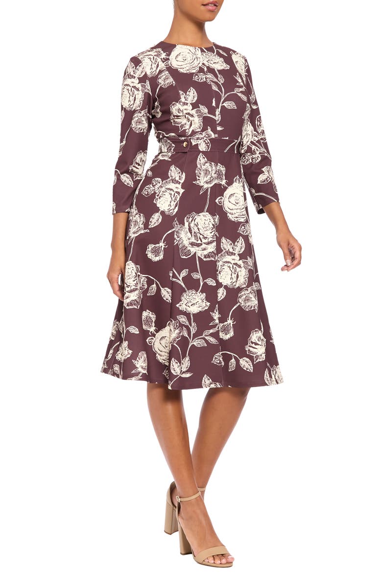 Floral Print Midi Dress, Alternate, color, CHOCO/ IVRY