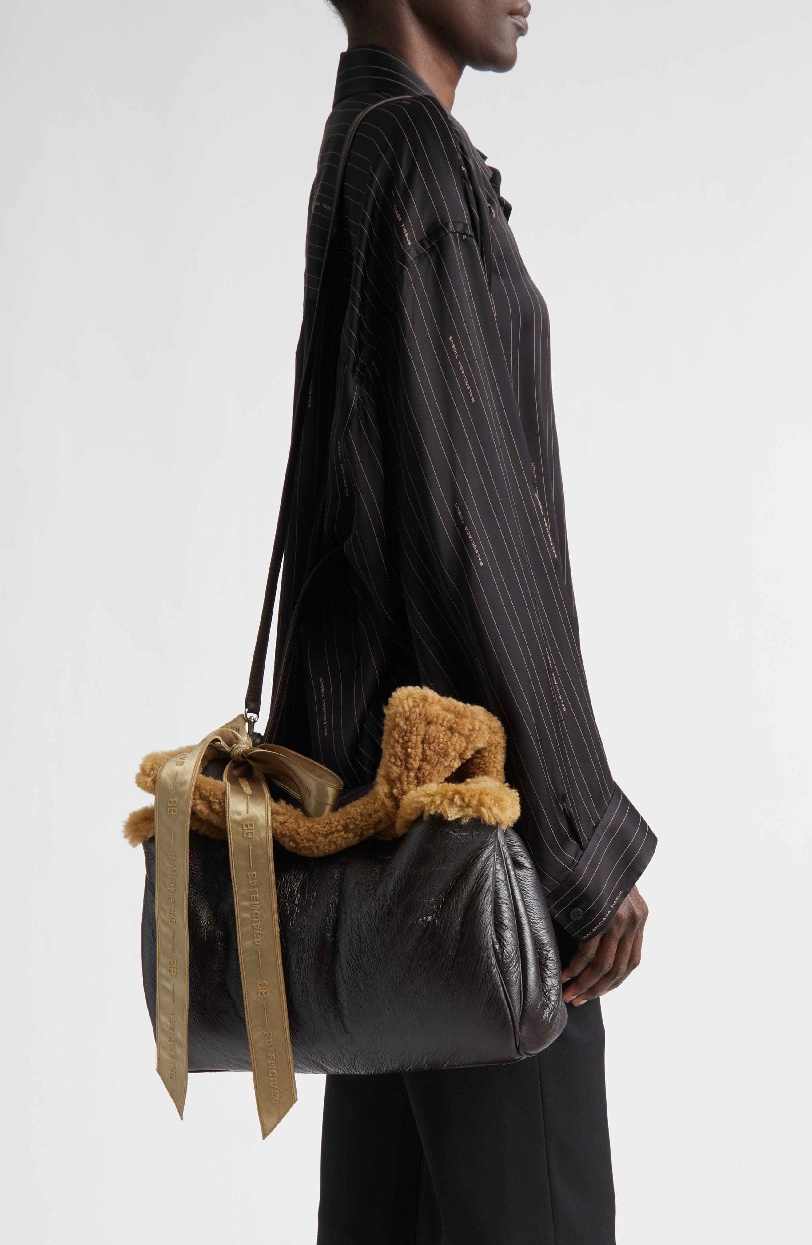 Balenciaga Medium Rodeo Aviator Genuine Shearling Trim Leather Shoulder Bag, Alternate, color, 
