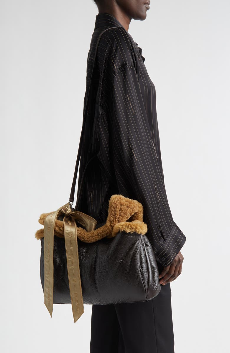 Balenciaga Medium Rodeo Aviator Genuine Shearling Trim Leather Shoulder Bag, Alternate, color,