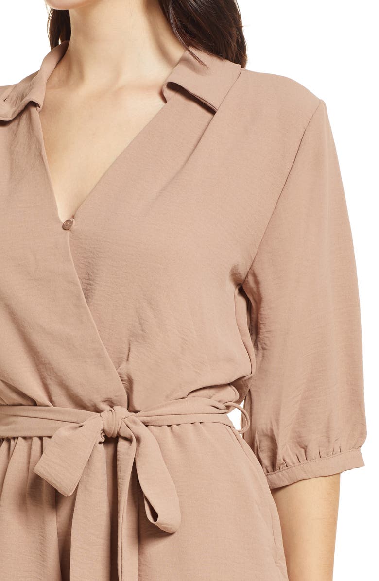 Fraiche by J Balloon Sleeve Tie Front Romper, Alternate, color, Tan