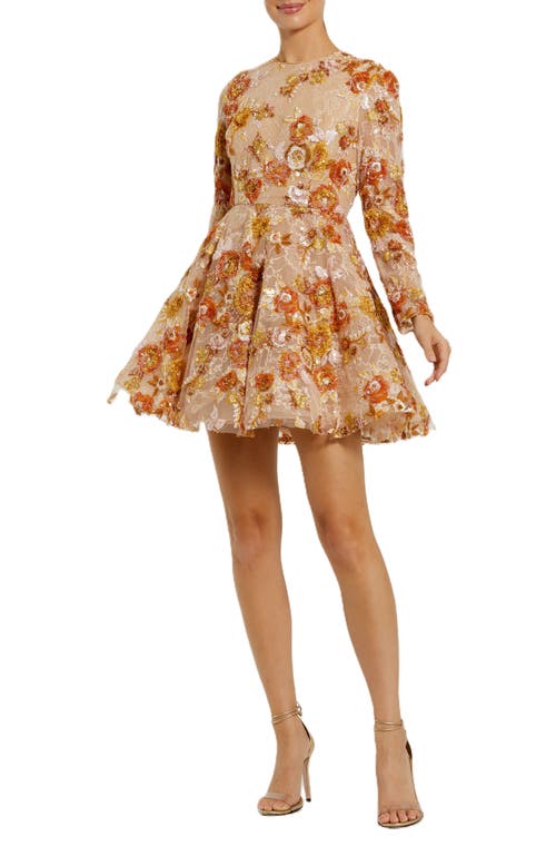 Mac Duggal High Neck Long Sleeve Sequin A Line Mini Dress In Brown