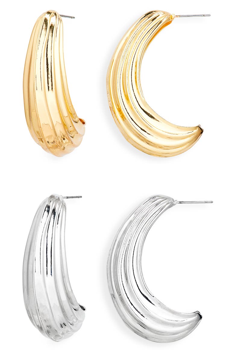 Set of 2 Textured Hoop Earrings, Main, color, GOLD SILVER