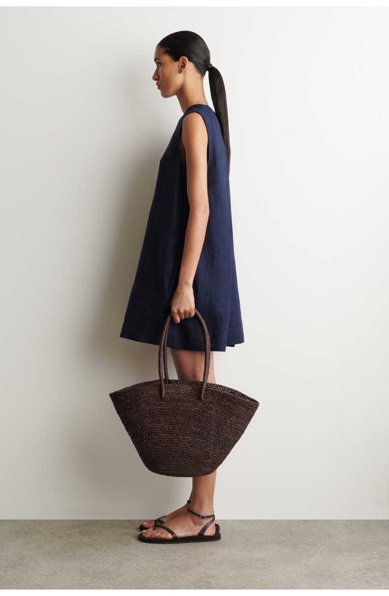 COS V-neck Open-back Linen Mini Dress, Alternate, color, Navy