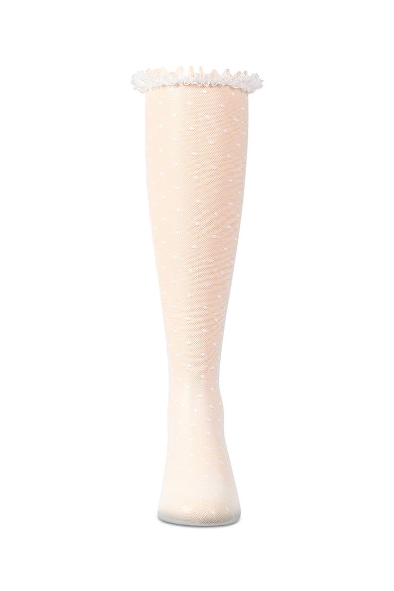 Lace Trimmed Dot Mesh Knee Sock, Alternate, color, White