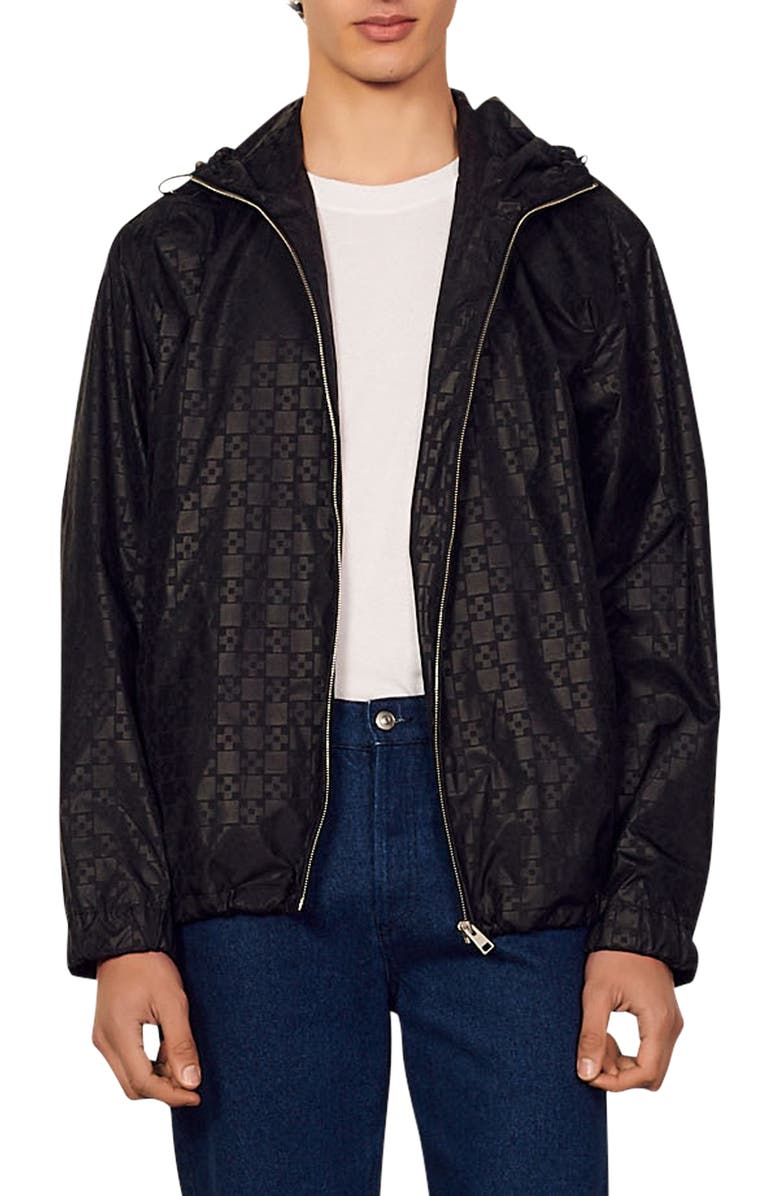 SANDRO sando Cross Check Zip-Up Hooded Windbreaker Jacket, Main, color,