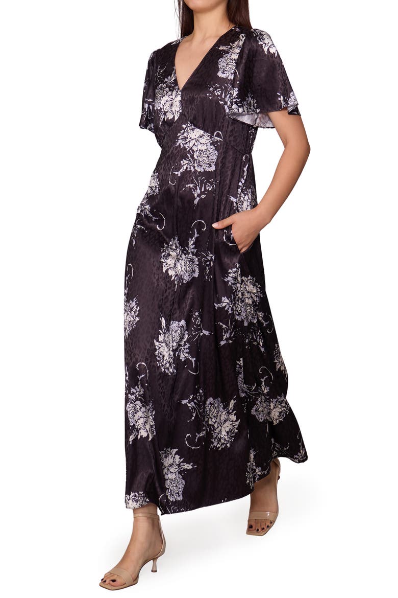 Empire Waist Satin Maxi Dress, Alternate, color, BLACK/ BONE FLORAL