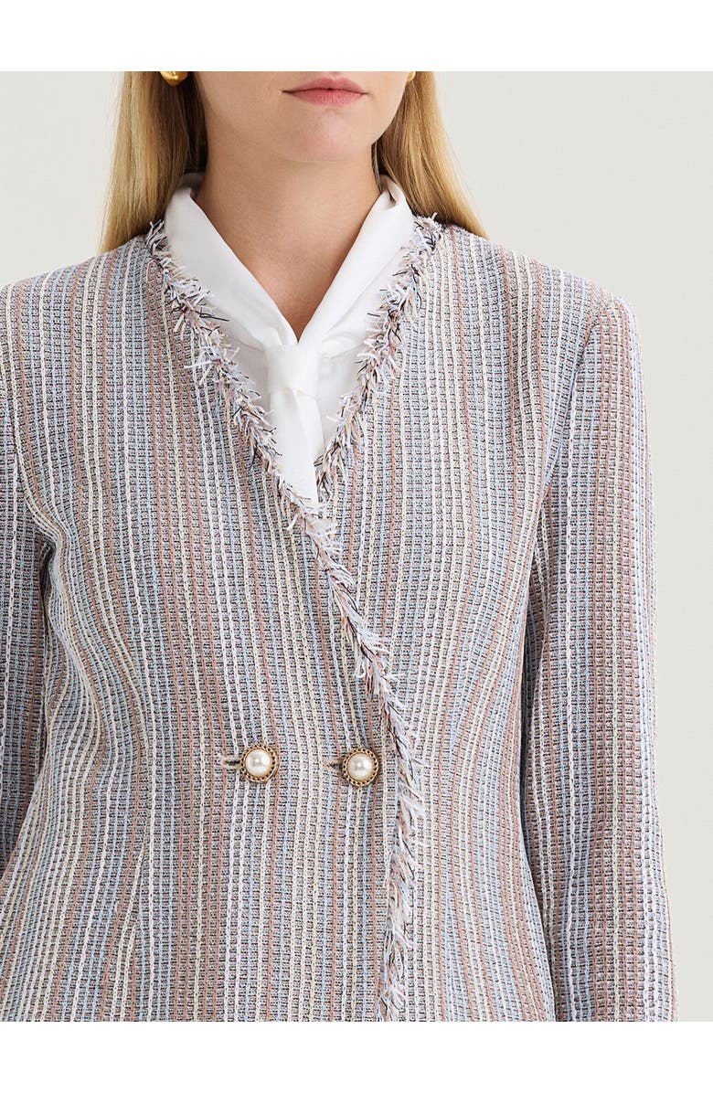 Misook Asymmetrical Fringe Trim Knit Jacket, Alternate, color, Biscotti/Powder Blue