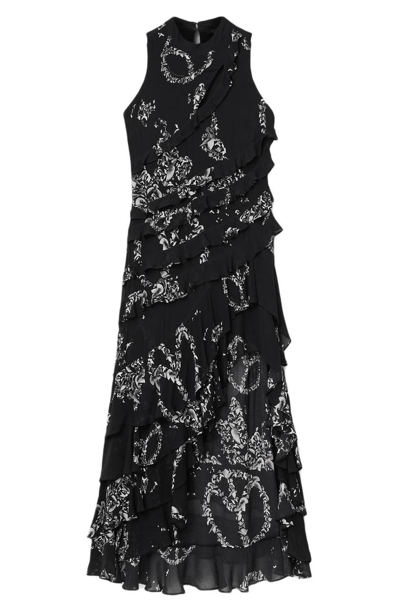 AllSaints Cady Bird Print Tiered Ruffle Dress, Alternate, color, Flight Black