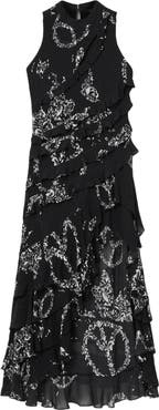 AllSaints Cady Bird Print Tiered Ruffle Dress
