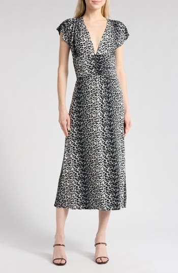 Loveappella Leopard Print Faux Wrap Midi Dress In Gray/black
