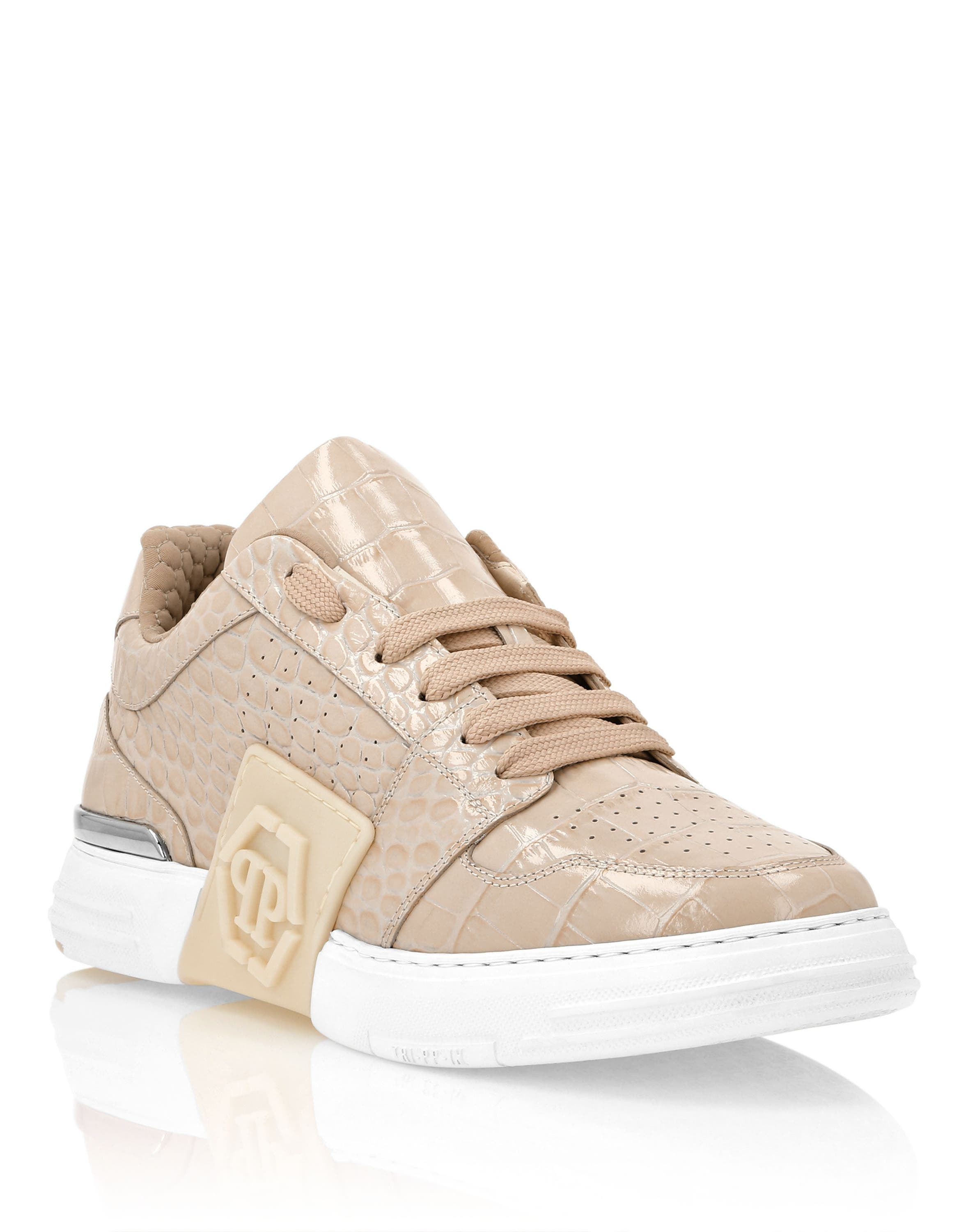 Croco Printed Leather Lo-Top Sneakers Hexagon Unisex, Main, color, beige