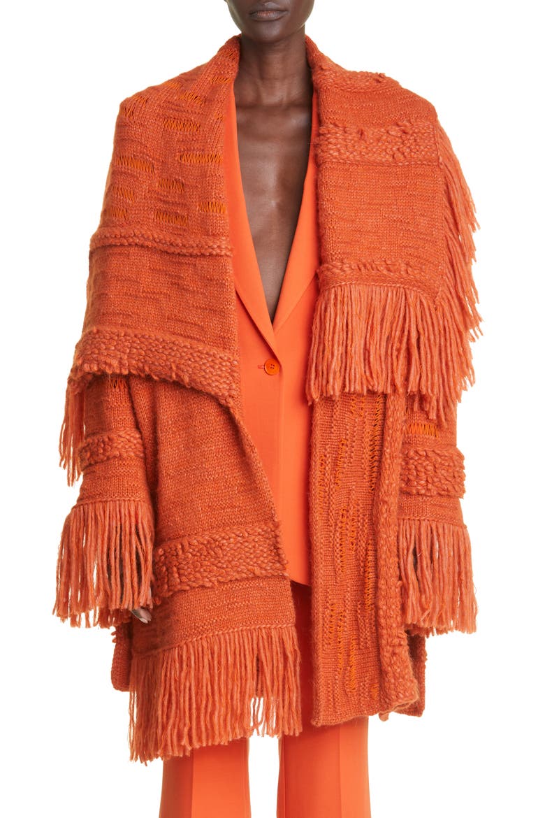 Fringe Trim Alpaca & Wool Blend Coat, Main, color, 7510 TANGERINE