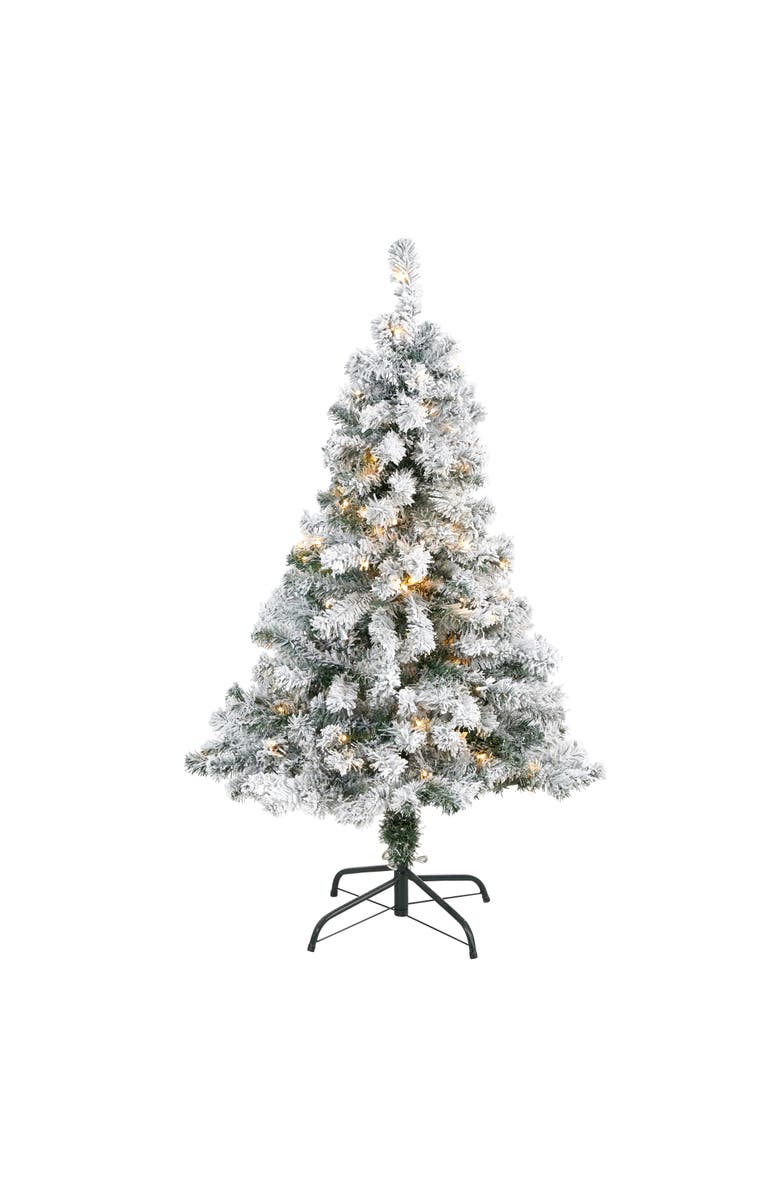NEARLY NATURAL 4-ft Flocked Rock Springs Spruce Artificial Christmas Tree with 100 Clear LED Lights, Main, color, Green