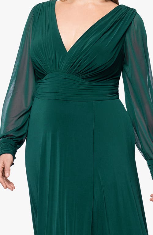 Betsy & Adam Plus Chiffon Long Sleeve V Neck Gown In Green