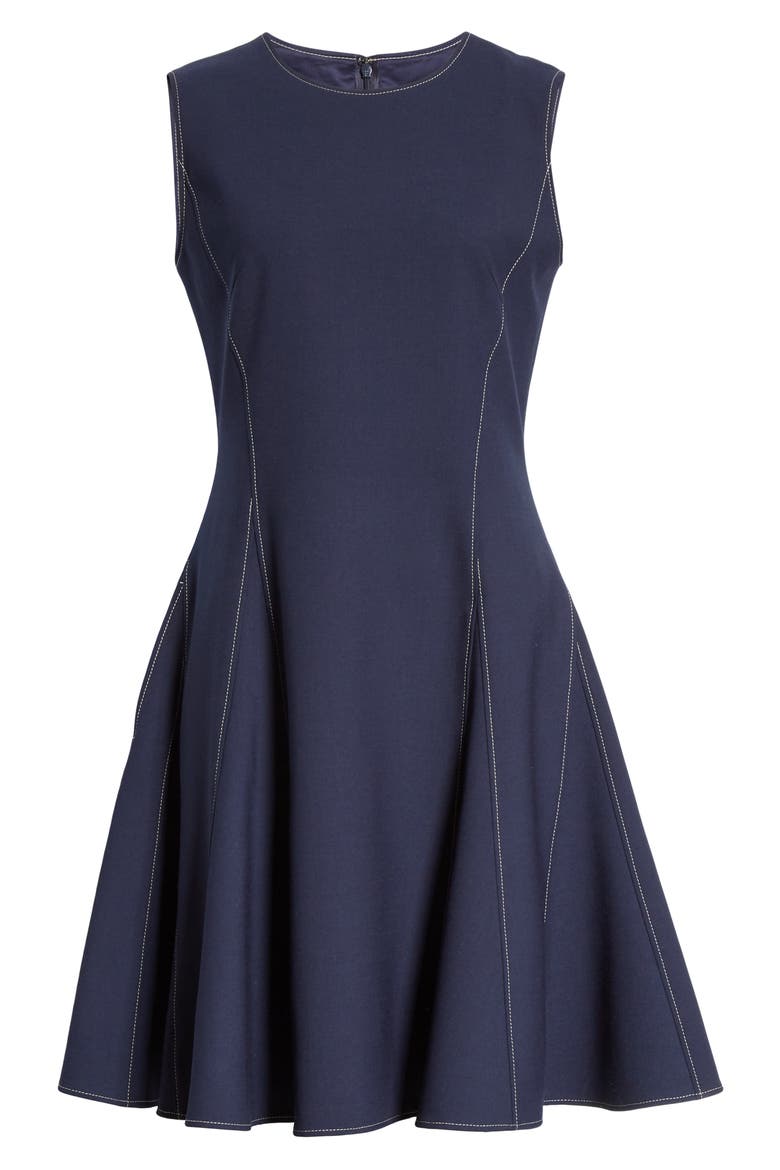 Water Drop Contrast Stitch Crepe Fit & Flare Dress, Alternate, color, NAVY