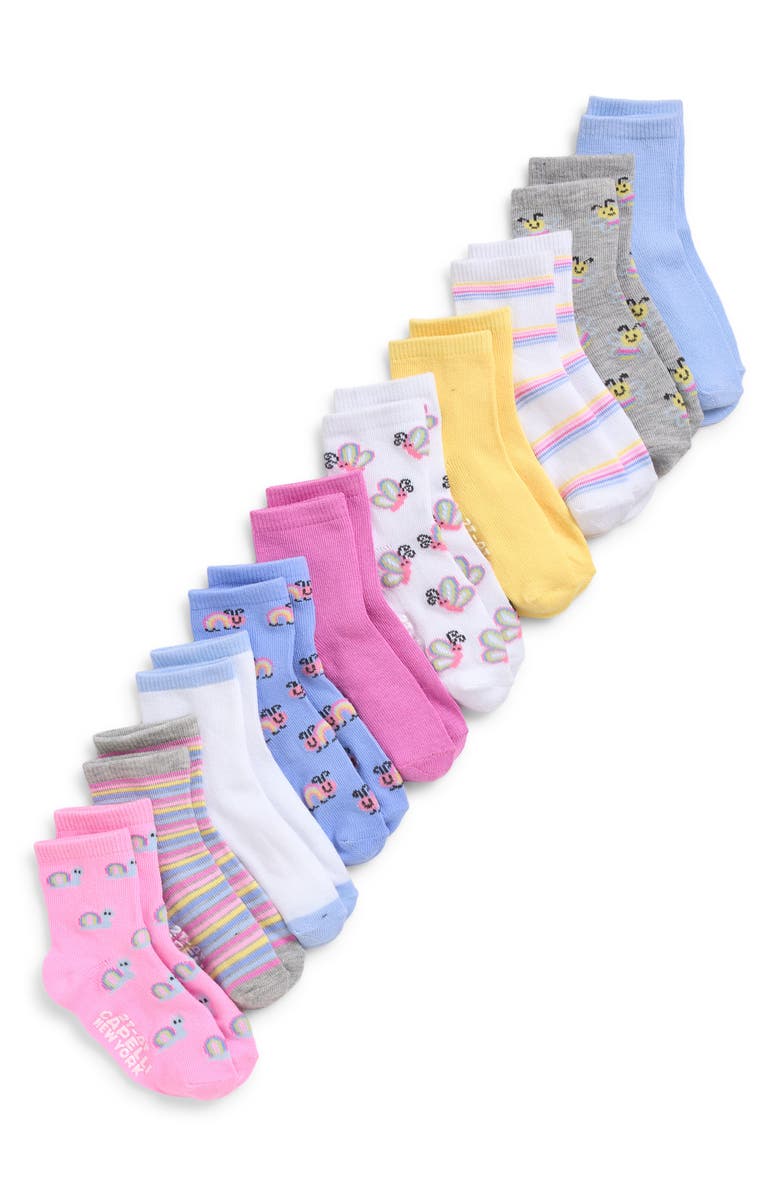 Capelli New York Kids' Rainbow Insects Assorted 10-Pack Gripper Crew Socks, Main, color, Pink Multi Combo