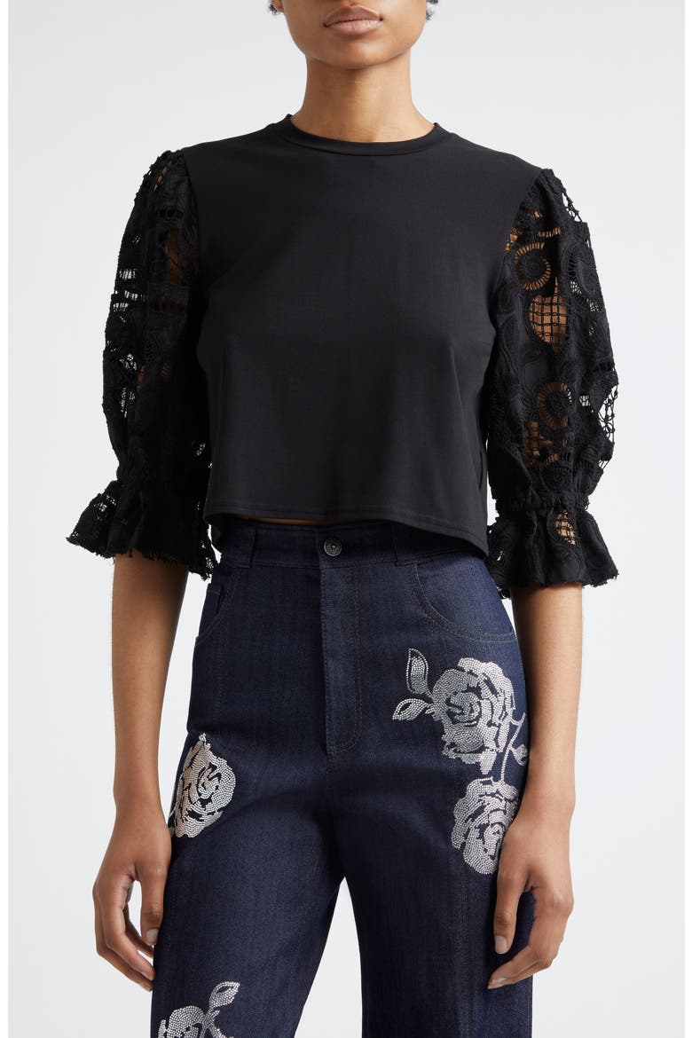Mixed Media Puff Sleeve T-Shirt, Main, color, BLACK