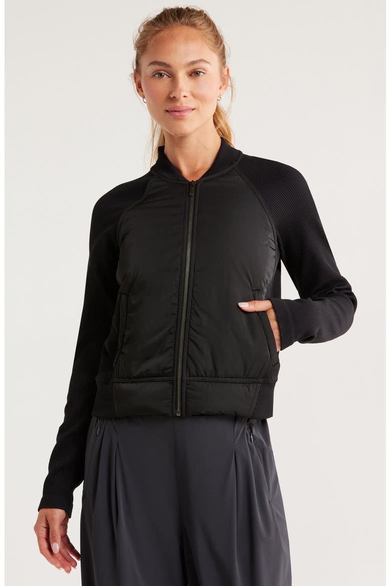 Seamless Mixed Media Bomber Jacket, Alternate, color, BLACK
