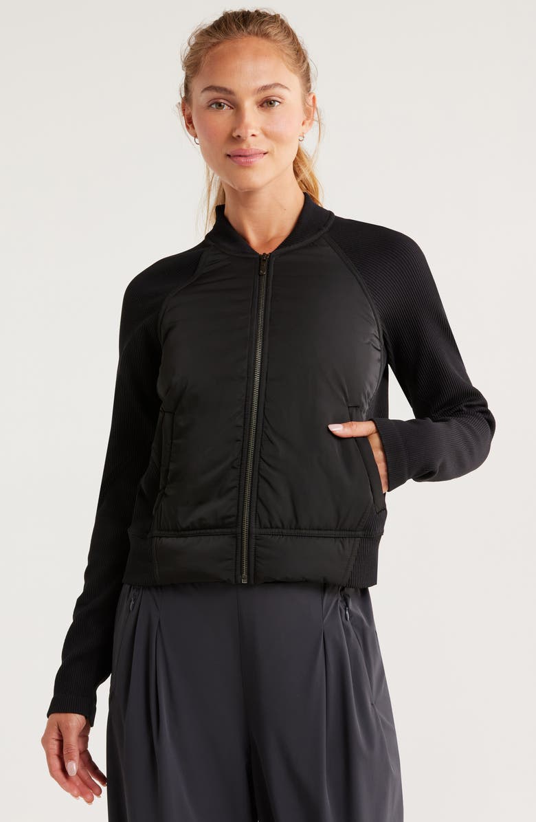Zella Seamless Mixed Media Bomber Jacket, Alternate, color, Black