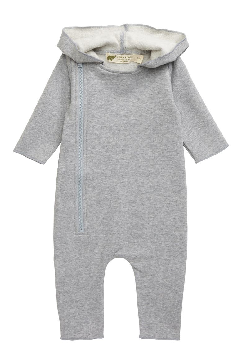 Hooded Stretch Organic Cotton Romper, Main, color, HEATHER GREY