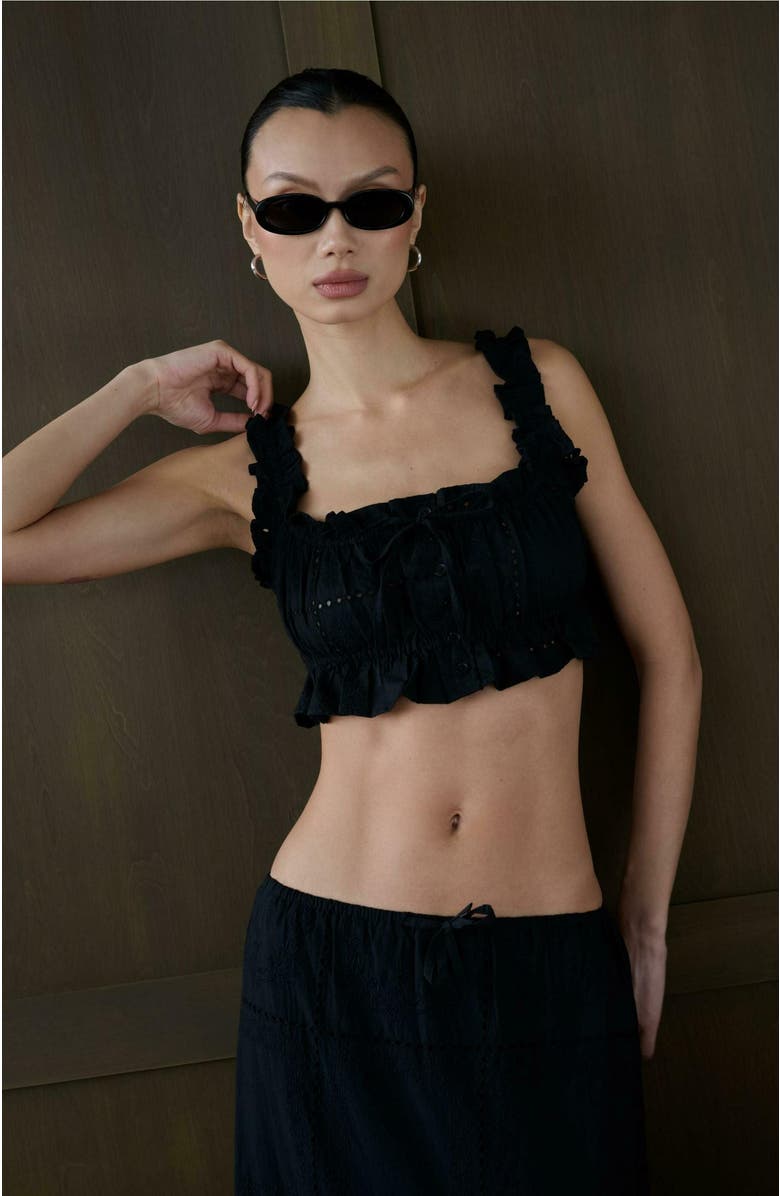 WeWoreWhat Ruffle Button Crop Top, Alternate, color, Black