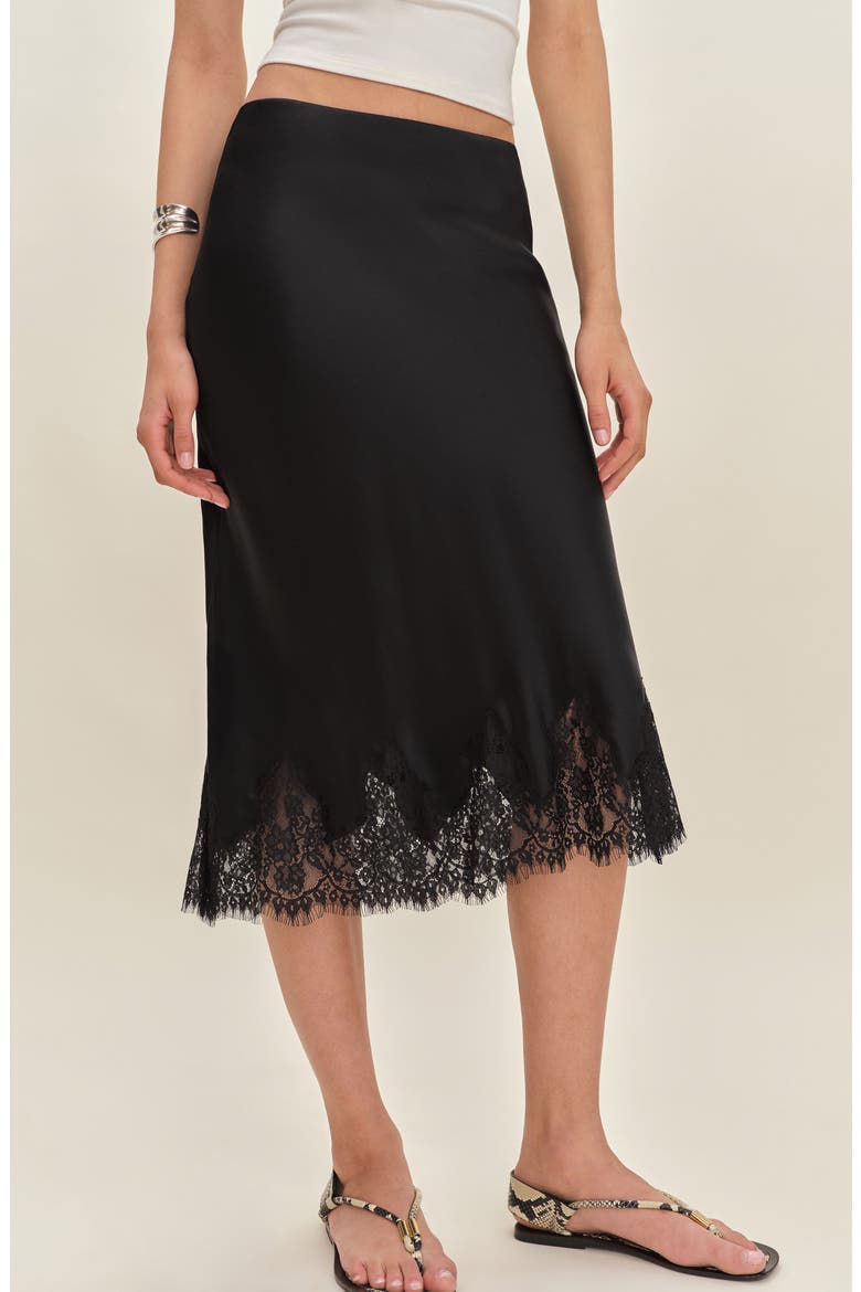 Carolina Lace Trim Silk Midi Skirt, Main, color, BLACK
