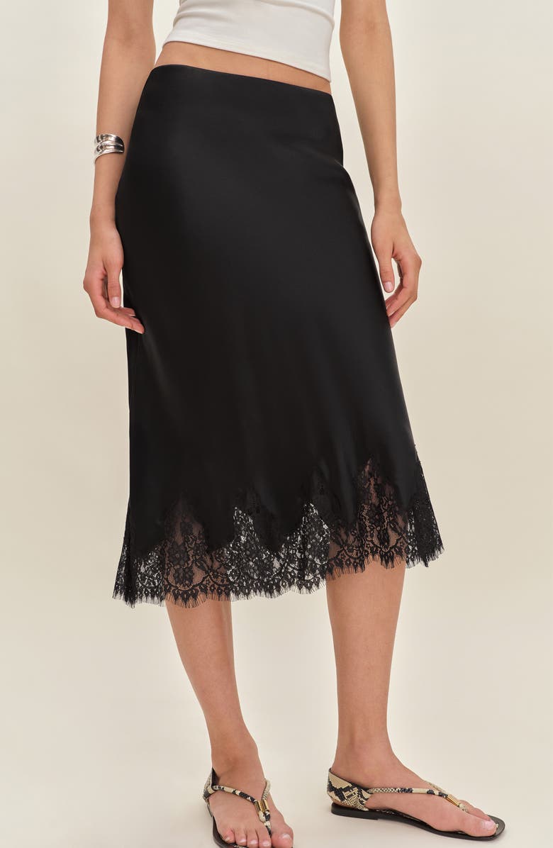 Reformation Carolina Lace Trim Silk Midi Skirt, Main, color,