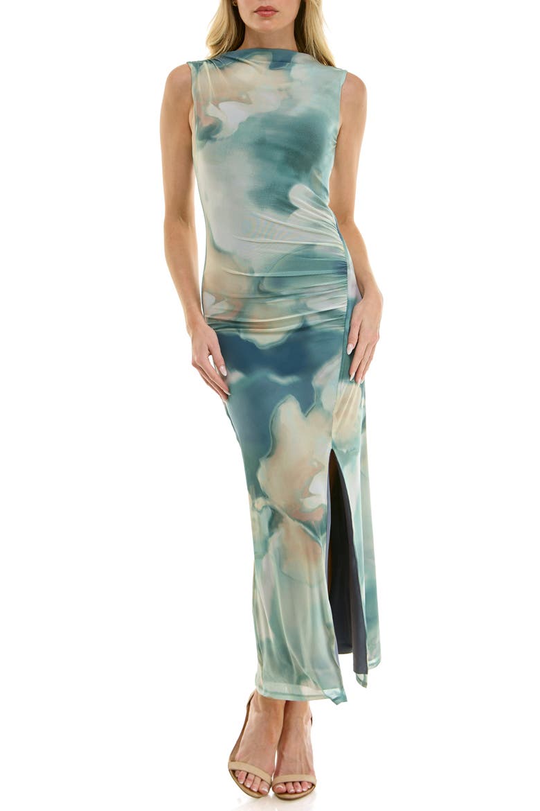 Abstract Print Ruched Maxi Dress, Main, color, TEAL CREAM