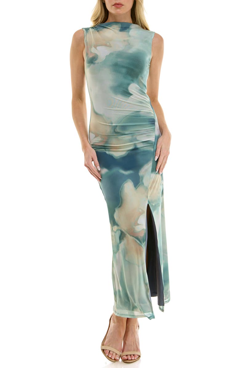 Socialite Abstract Print Ruched Maxi Dress, Main, color, Teal Cream